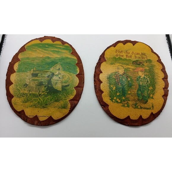 Wintermute Oval Wood Slice Wall Plaque Boys Kids Tractor Truck Farm Country Vtg - Picture 1 of 14